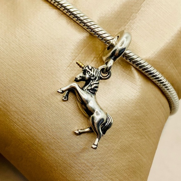 EUC Pandora 791200 Sterling Silver & 14K Gold Unicorn Fantasy Animal Dangle Bead - Picture 3 of 11
